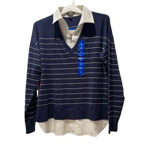 Women's Sweater with Collar, Hilary Radley, L, Blue & Off White stripe, NWT